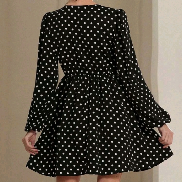 Women Classic Polka Dot Contrast Color Tie Front Long Sleeve Mini Dress - Picture 4 of 4